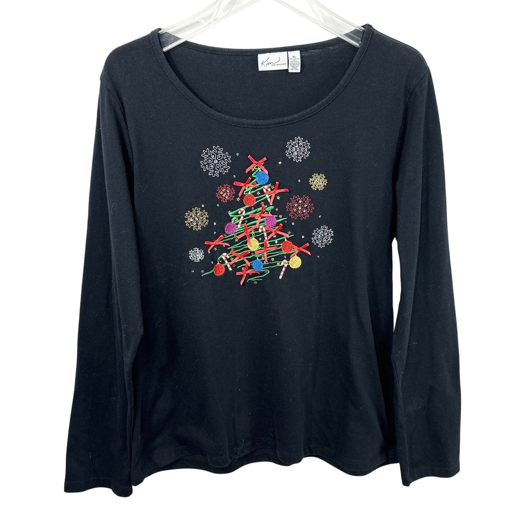 Kim Rogers XL Top Black Christmas Tree Embroidered Long Sleeve Holiday Shirt 474